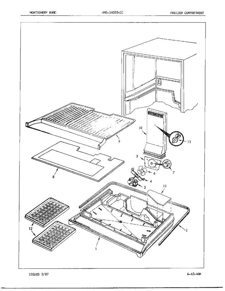Freezer Compartment Assembly Diagram and Parts List for 14050C  Admiral Refrigerator