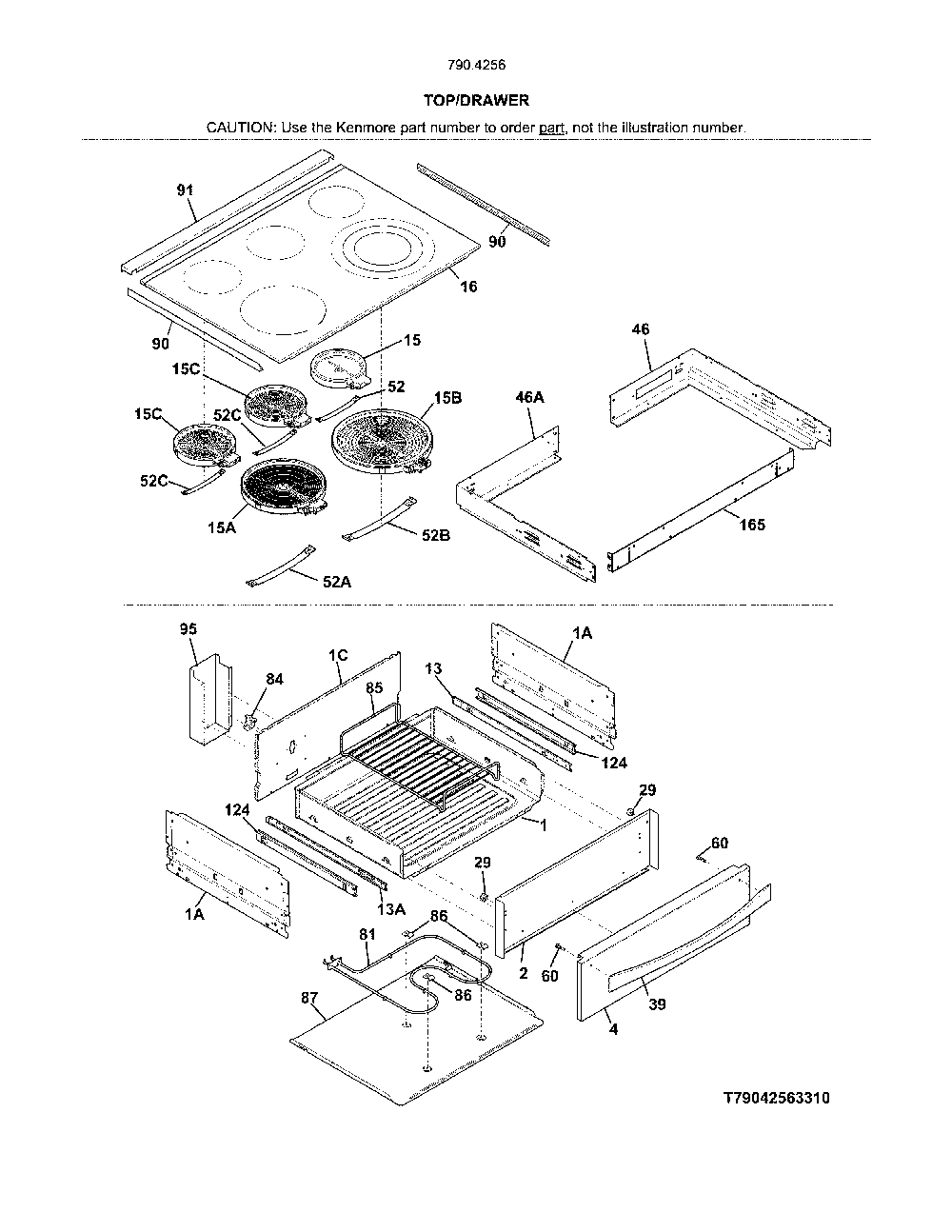 Top/Drawer Diagram and Parts List for 79042562317  Kenmore Range