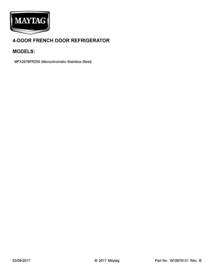 Cover Sheet Diagram and Parts List for MFX2676FRZ00  Maytag Refrigerator