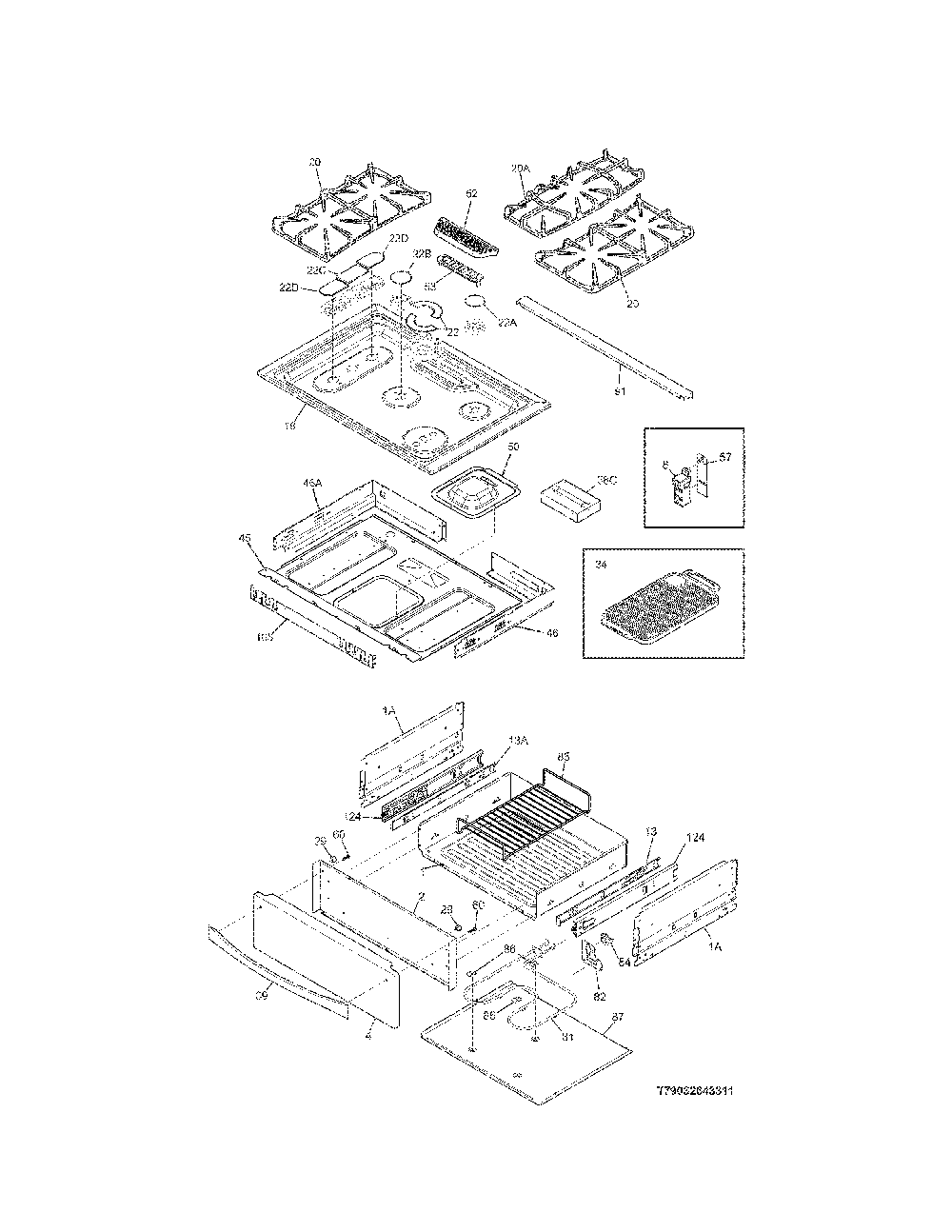 Top/Drawer Diagram and Parts List for 79032639315  Kenmore Range