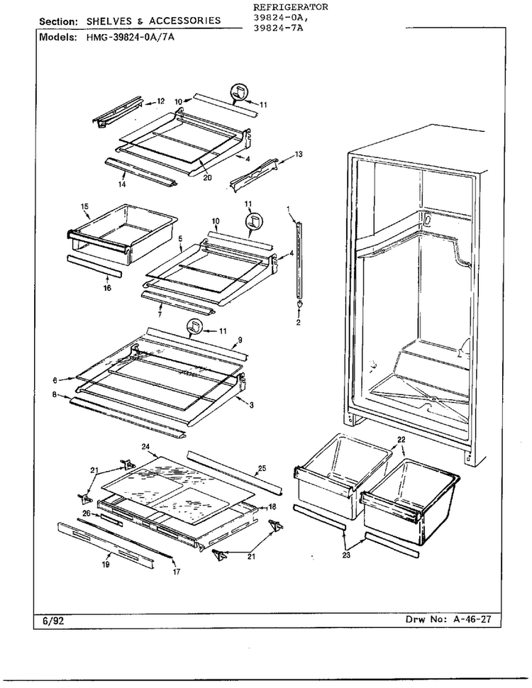 Shelves And Accessories Diagram and Parts List for 39824-7A  Admiral Refrigerator