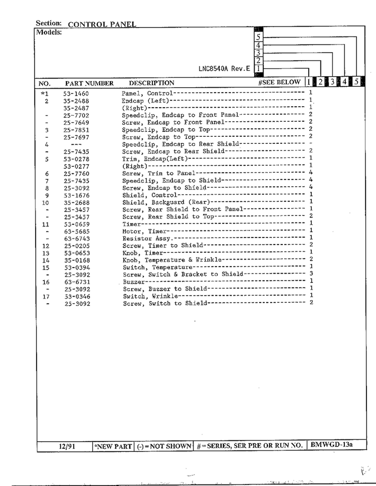 Control Panel Page 3 Diagram and Parts List for 8540A REV E Norge Dryer