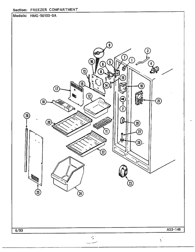 Freezer Compartment Diagram and Parts List for 50103-0A  Admiral Refrigerator