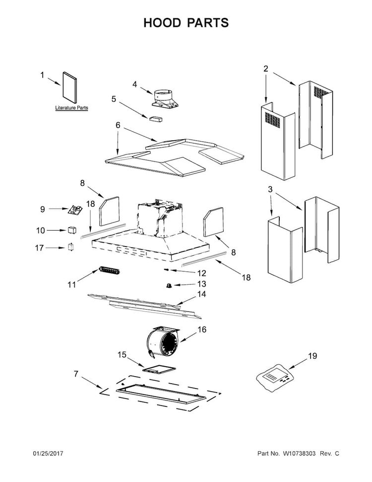 Hood Parts Diagram and Parts List for JXI8536DS0  Jenn-Air Range Hood