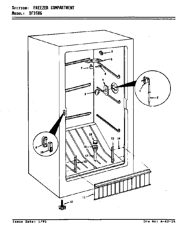 Freezer Compartment Diagram and Parts List for DF15HG W5ZUC Maytag Refrigerator