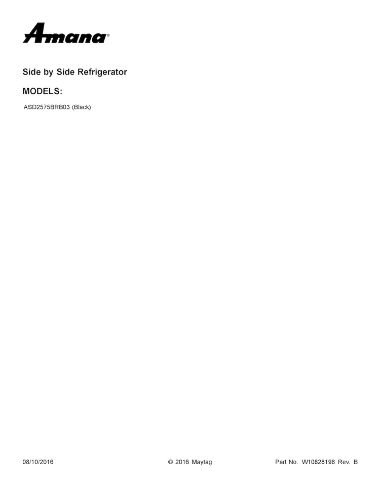 Cover Sheet Diagram and Parts List for ASD2575BRB03  Amana Refrigerator