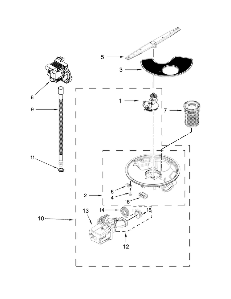 Pump, Washarm And Motor Parts Diagram and Parts List for ADB1300AFW1  Amana Dishwasher
