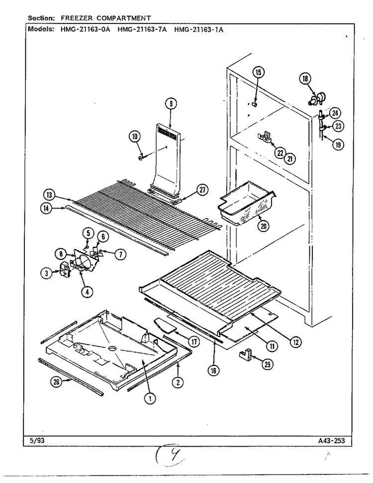Freezer Compartment Diagram and Parts List for 21163-0A  Admiral Refrigerator