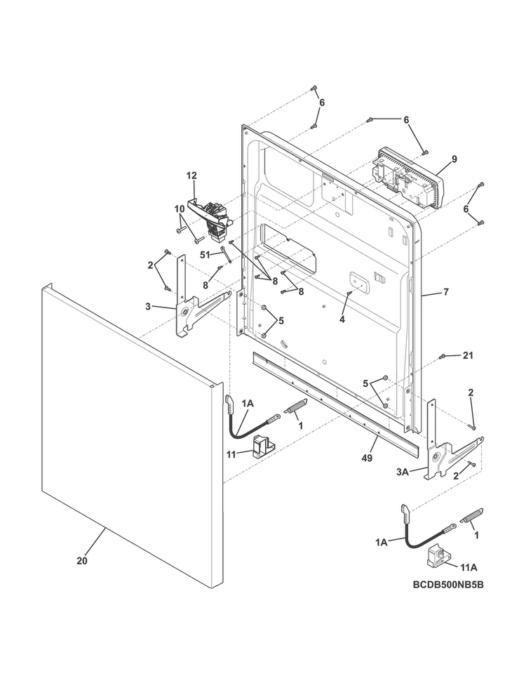 Door Diagram and Parts List for CDB500NB5B  Crosley Dishwasher