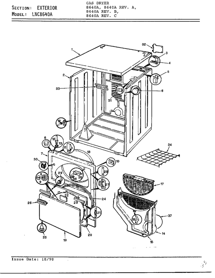 Exterior Diagram and Parts List for 8640A REV A Norge Dryer