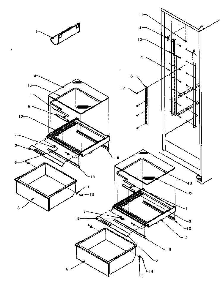 Refrigerator Shelving And Drawers Diagram and Parts List for SXD25AL-P1162436WL  Amana Refrigerator