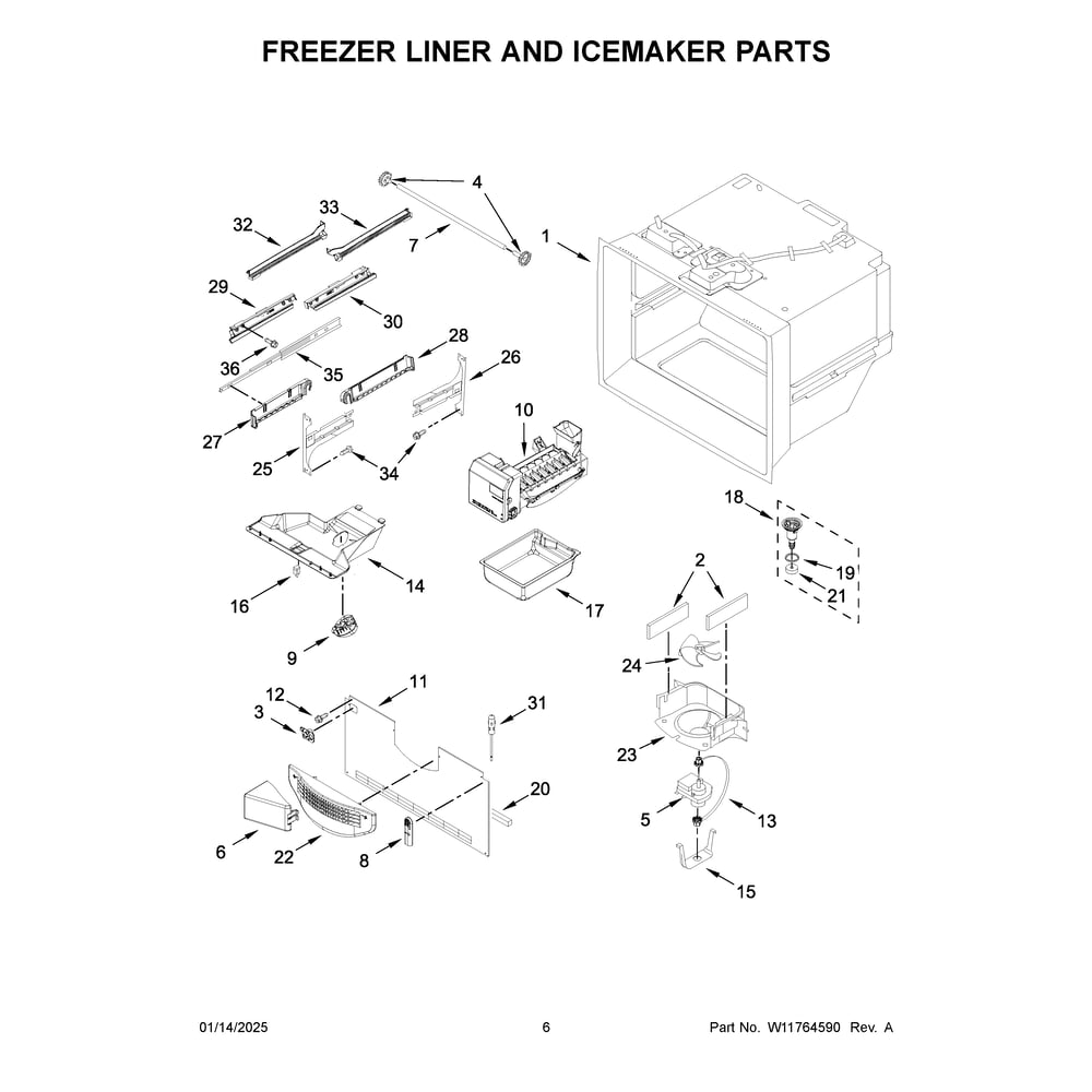 Freezer Liner And Icemaker Parts Diagram and Parts List for MRFF5036PZ02  Maytag Refrigerator