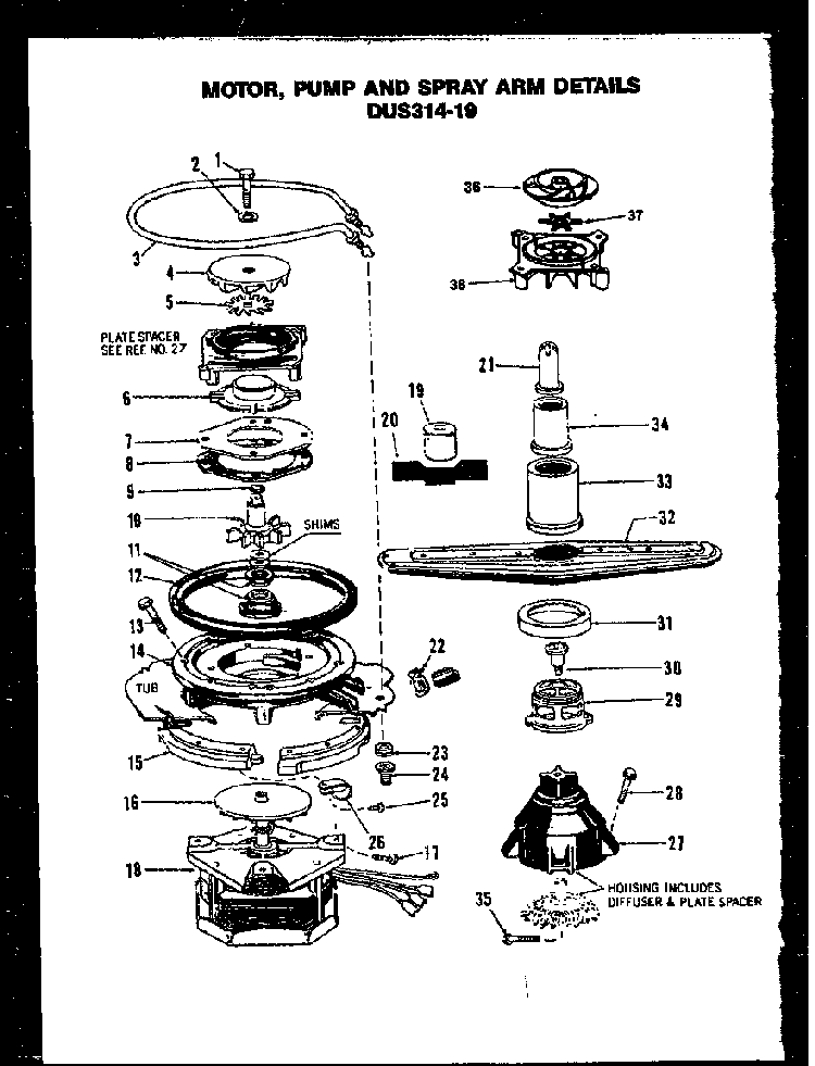 Motor Diagram and Parts List for DUS314-19 MN02 Caloric Dishwasher