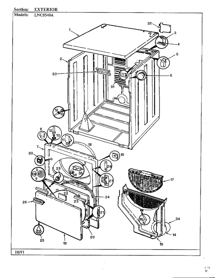 Exterior Diagram and Parts List for 8540A REV E Norge Dryer