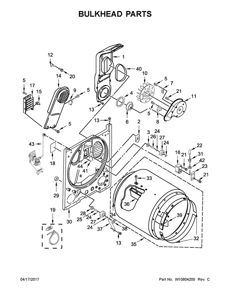 Bulkhead Parts Diagram and Parts List for MEDB755DW1  Maytag Dryer