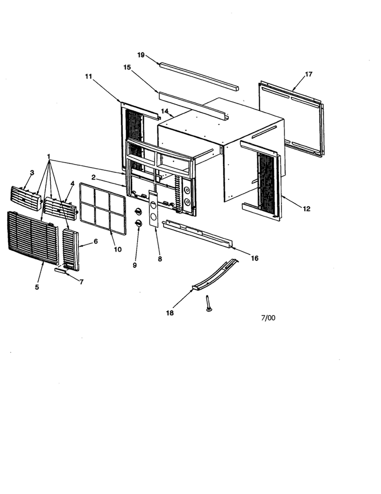 Outercase/curtains/front Assembly Diagram and Parts List for RC10190A1D REV B Amana Air Conditioner