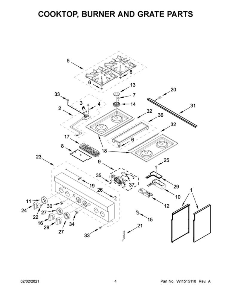 Cooktop, Burner And Grate Parts Diagram and Parts List for JDRP430HL01  Maytag Range