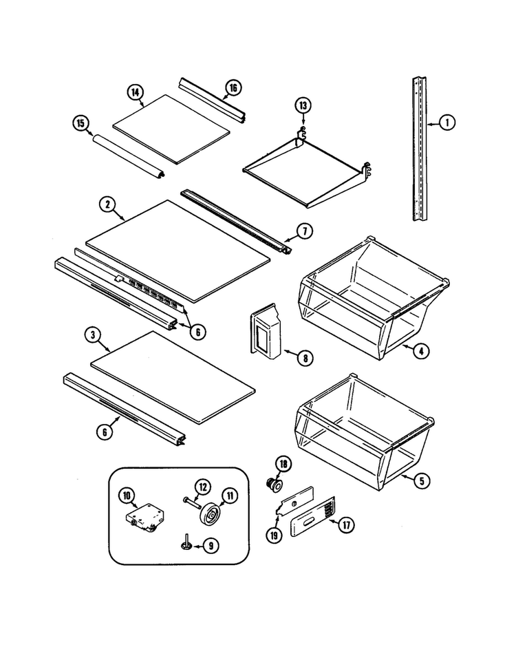 Shelves And Accessories Diagram and Parts List for JSD2574ARA  Jenn-Air Refrigerator