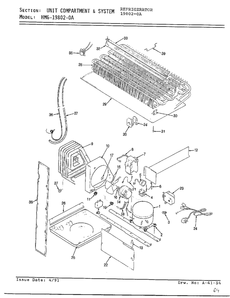 Unit Compartment And System Diagram and Parts List for 19802-0A  Admiral Refrigerator