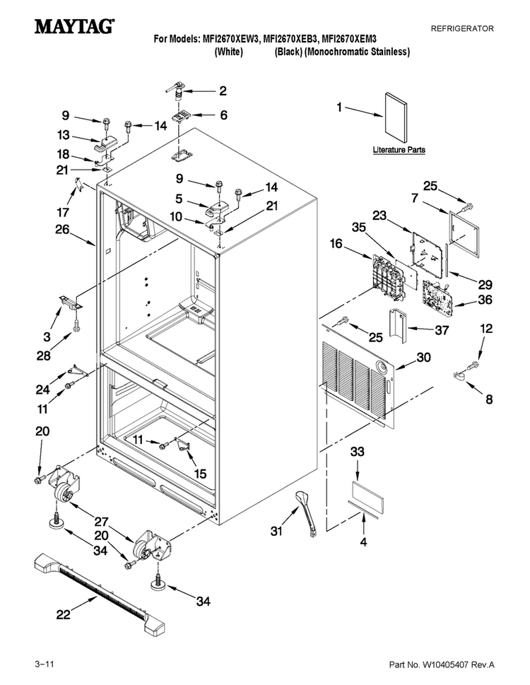 Cabinet Parts Diagram and Parts List for MFI2670XEM3  Maytag Refrigerator