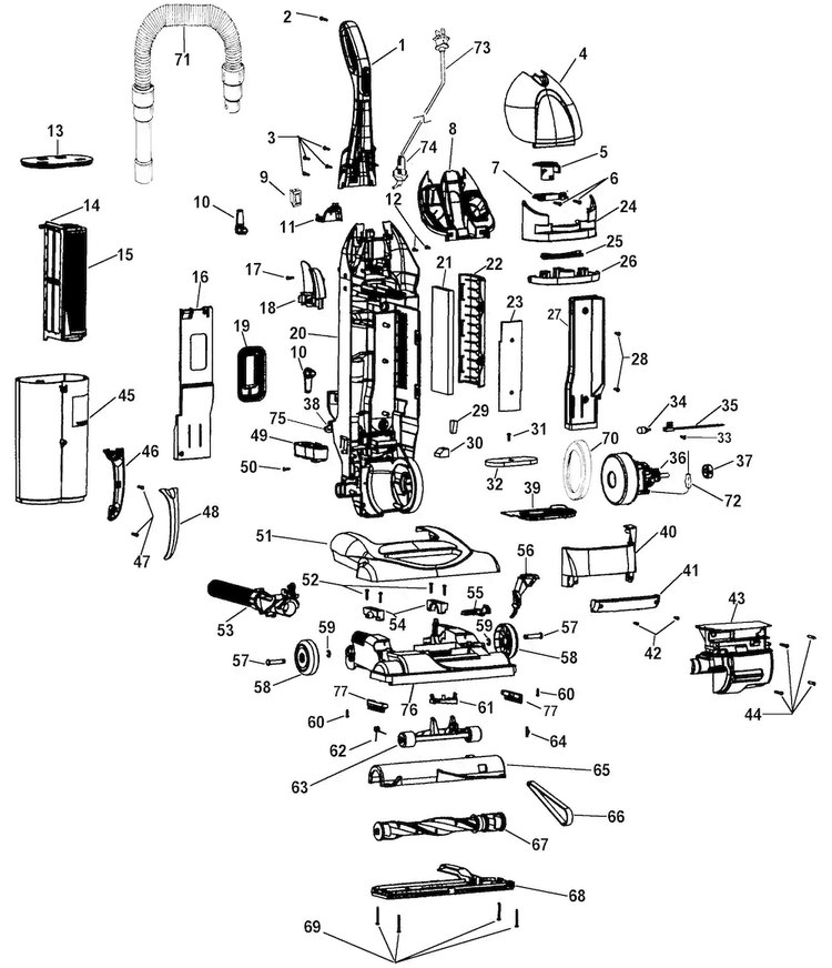 Motor, Handle, Hose, Baghousing, Handle Diagram and Parts List for U5720-950  Hoover Upright Vacuum
