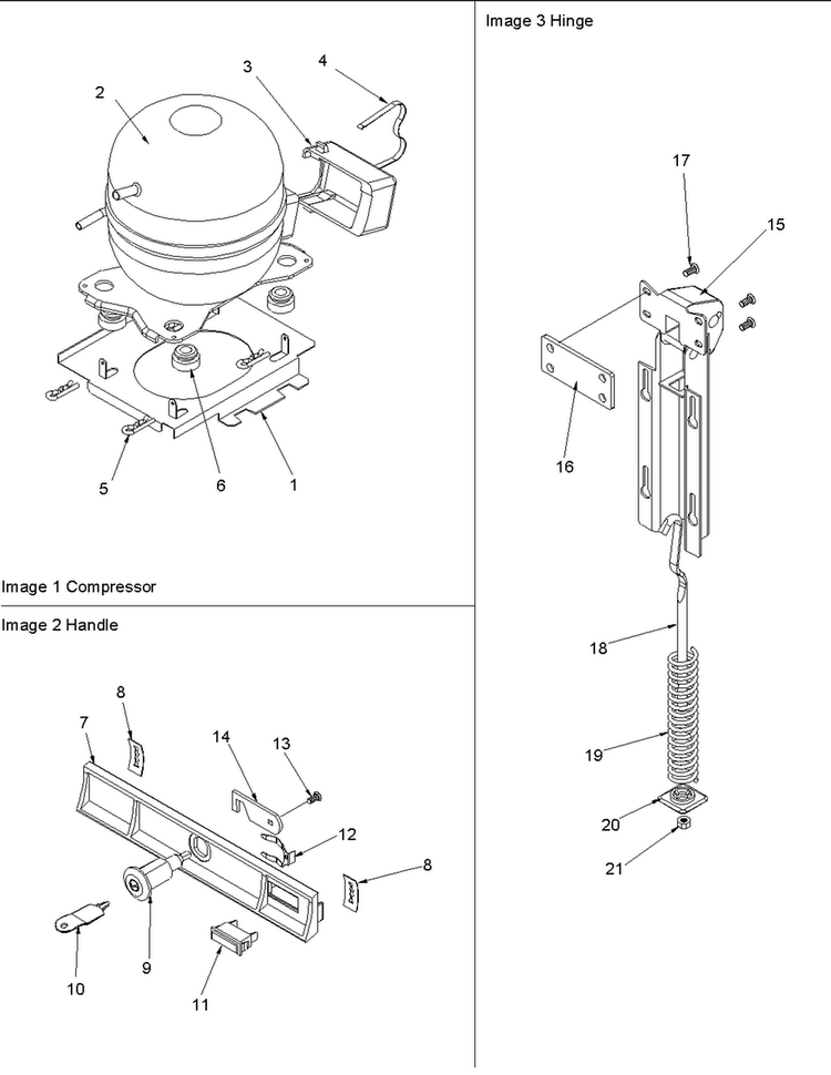 Compressor, Hinge & Lock Diagram and Parts List for AFC0701AW-PAFC0701AW0  Amana Freezer