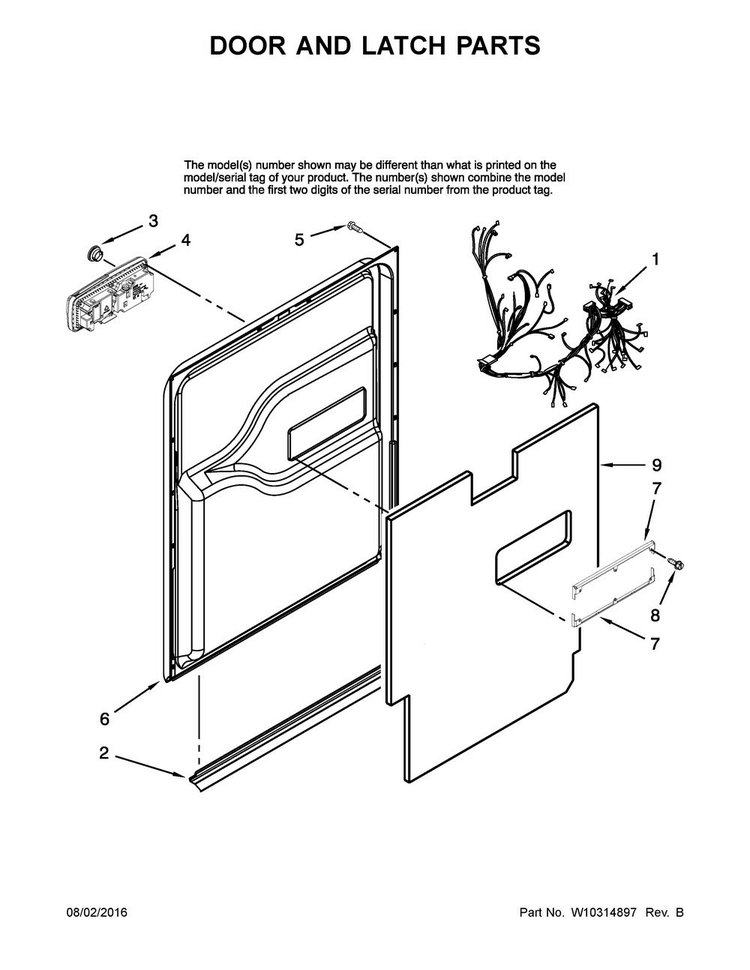 Door And Latch Parts Diagram and Parts List for JDB1255AWB2  Jenn-Air Dishwasher
