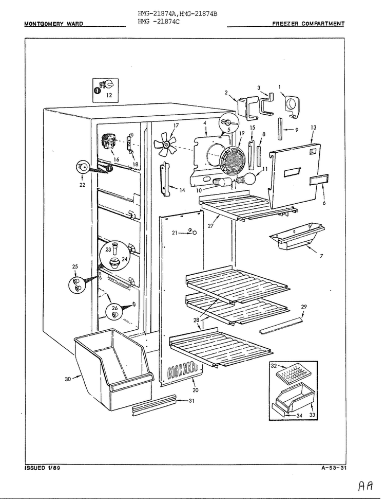 Freezer Compartment Diagram and Parts List for 21874A  Admiral Refrigerator
