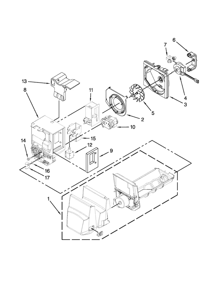 Motor And Ice Container Parts Diagram and Parts List for MFX2570AEB4  Maytag Refrigerator