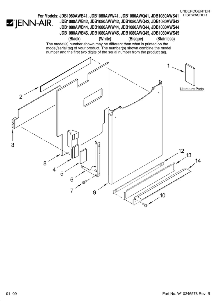 Door And Panel Parts Diagram and Parts List for JDB1080AWB41  Jenn-Air Dishwasher