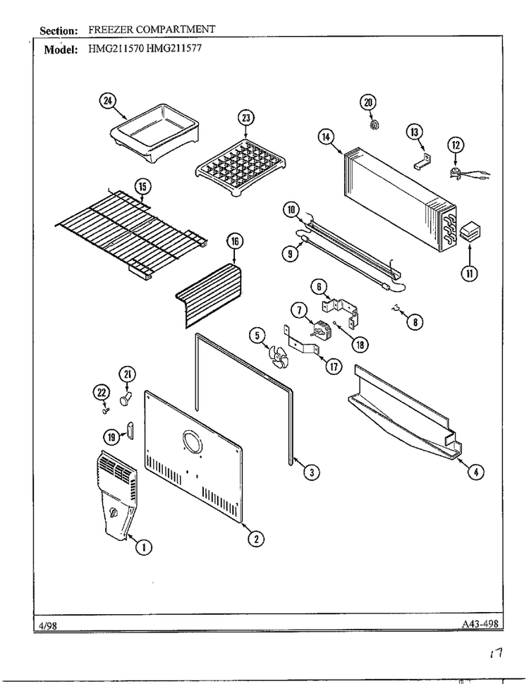 Freezer Compartment Diagram and Parts List for HMG211577  Admiral Refrigerator