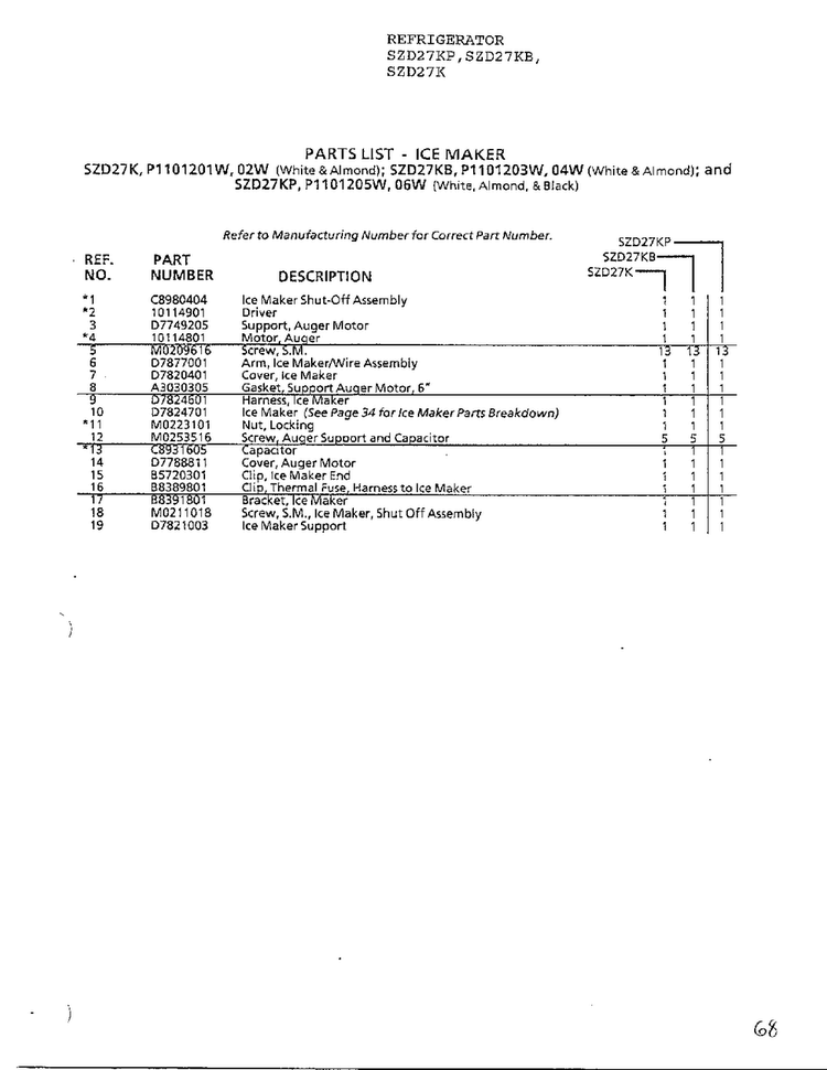 Parts List-ice Maker Page 2 Diagram and Parts List for SZD27KP  Amana Refrigerator
