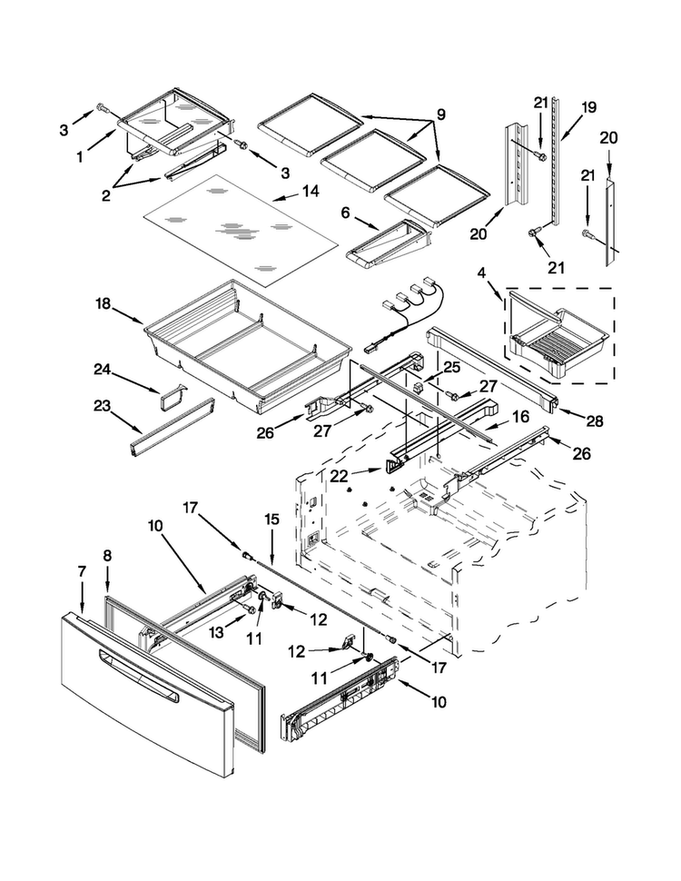 Shelf Parts Diagram and Parts List for 5MFX257AA000  Maytag Refrigerator