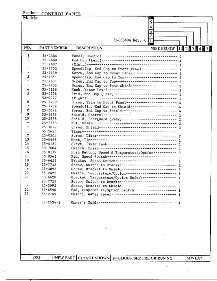 Control Panel Page 2 Diagram and Parts List for 6640A REV K Norge Washer