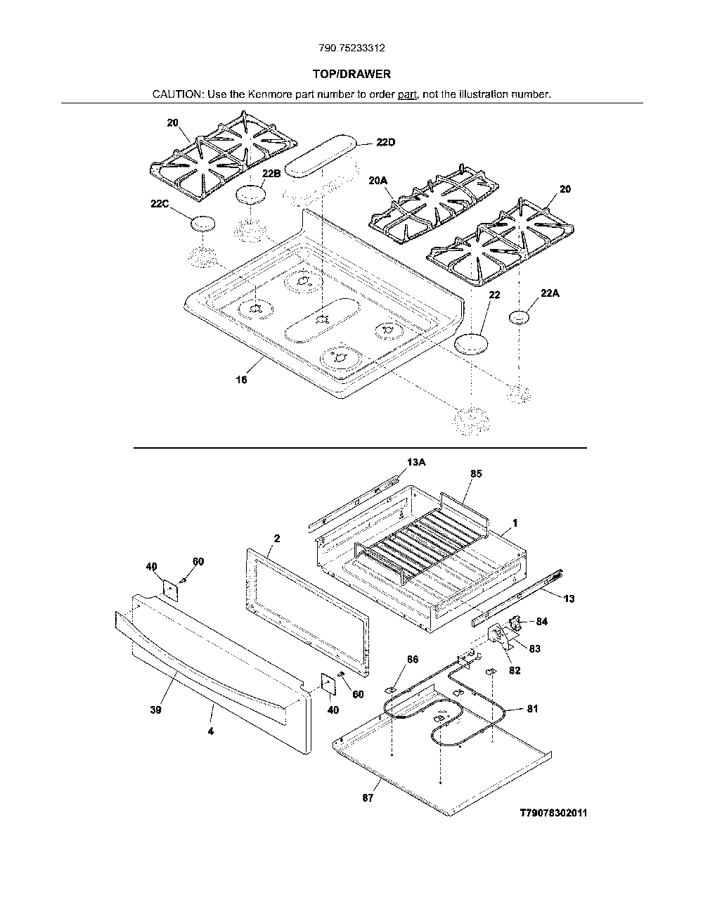 Top/Drawer Diagram and Parts List for 79075233312  Kenmore Range