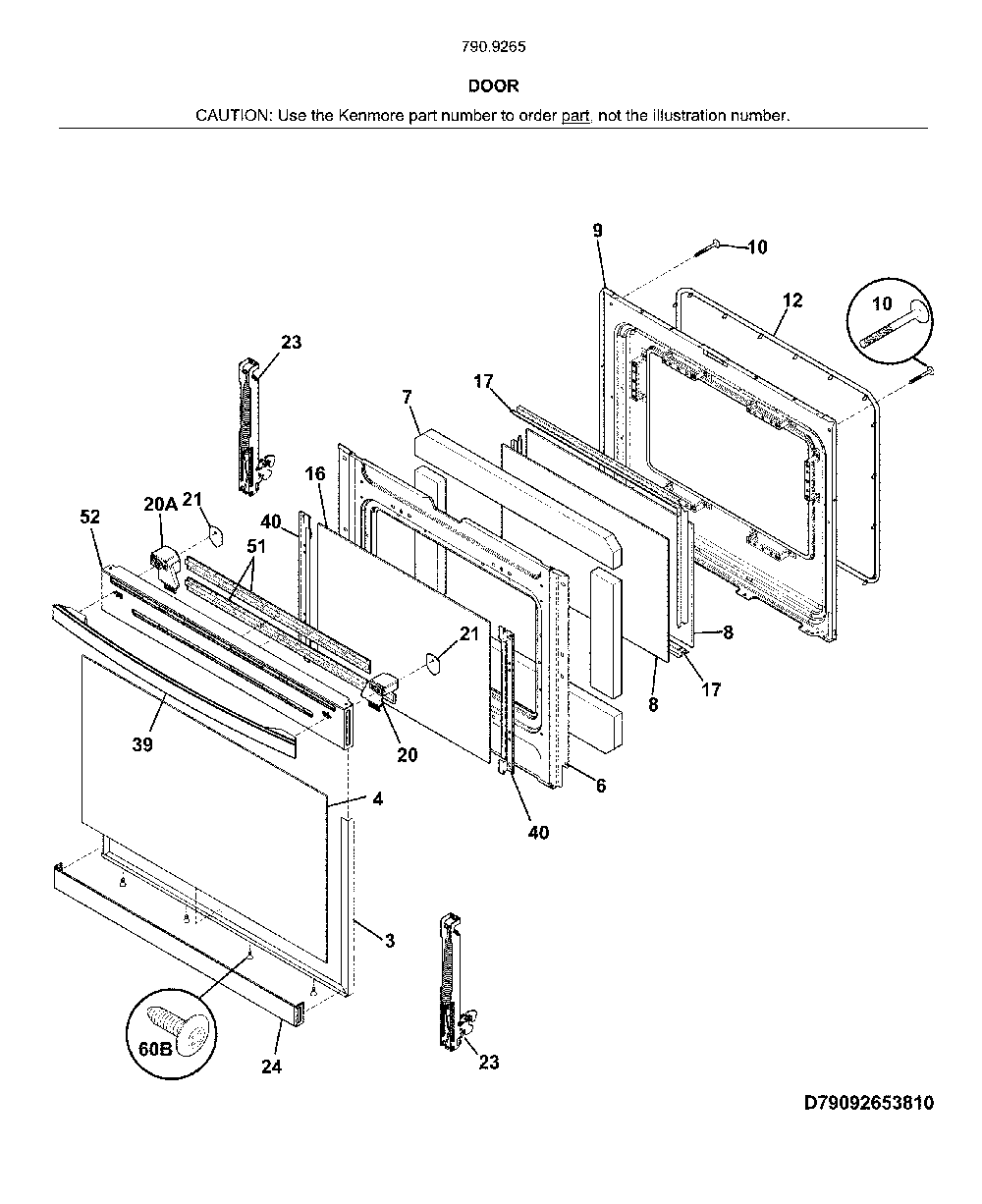 Door Diagram and Parts List for 79092653810  Kenmore Range