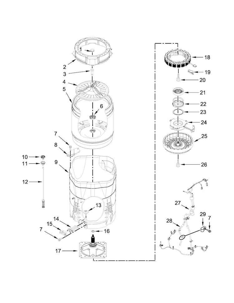 Motor, Basket And Tub Parts Diagram and Parts List for 7MMVWB855EC0  Maytag Washer