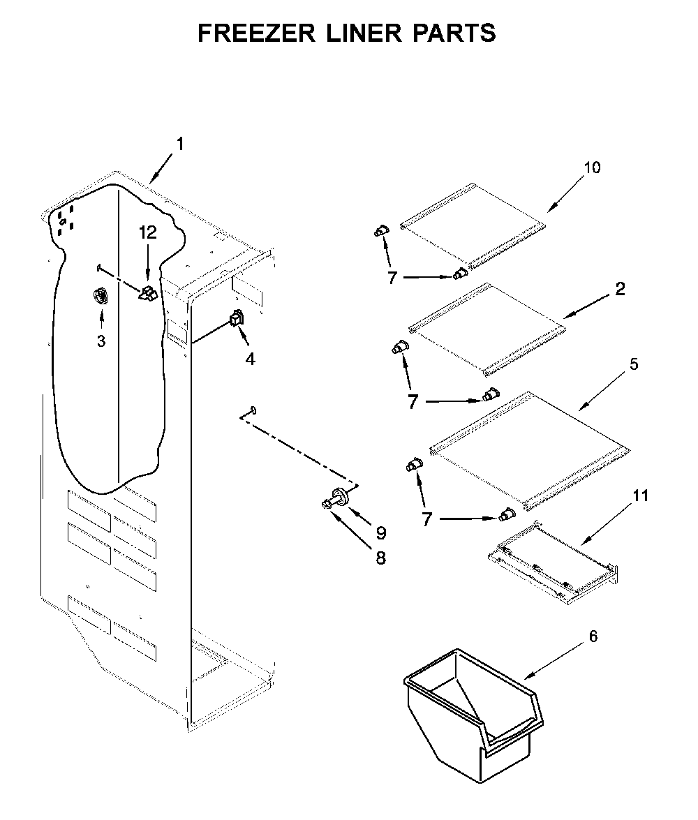 Freezer Liner Parts Diagram and Parts List for 10651332713  Kenmore Refrigerator