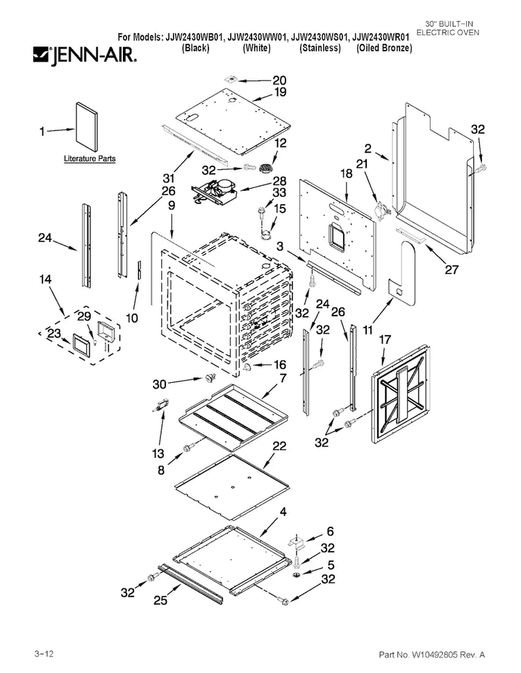 Oven Parts Diagram and Parts List for JJW2430WS01  Jenn-Air Wall Oven