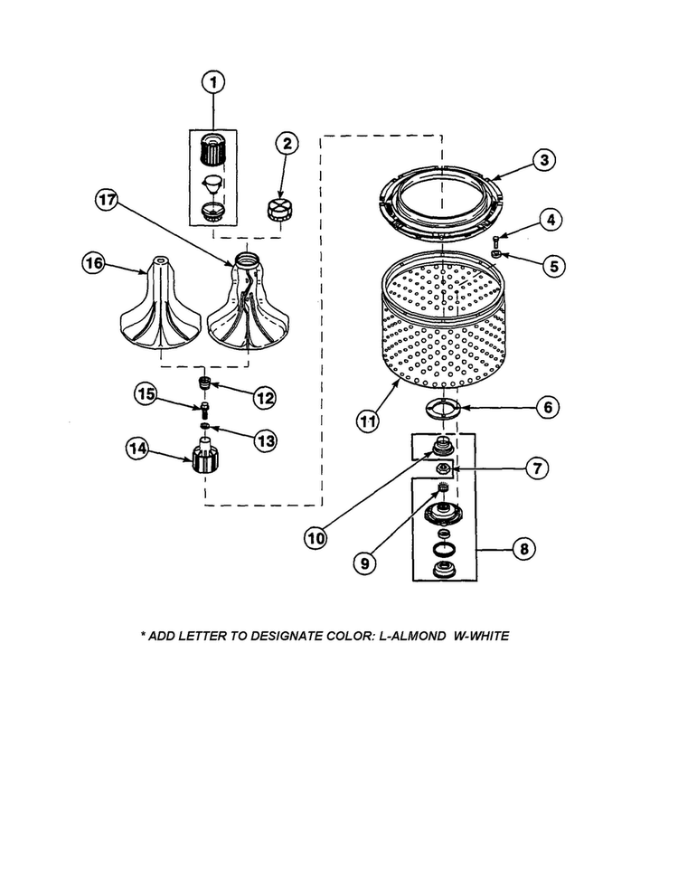 Agitator/washtub Diagram and Parts List for LW2001W2-PLW2001W2A  Amana Washer