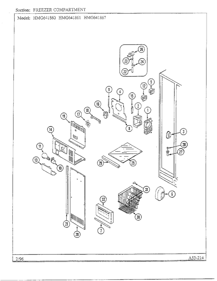 Freezer Compartment Diagram and Parts List for HMG641861  Admiral Refrigerator