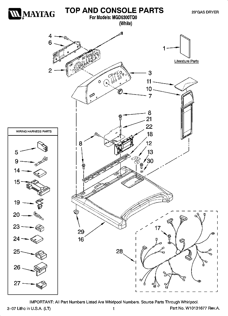 TOP AND CONSOLE PARTS Diagram and Parts List for MGD6300TQ0  Maytag Dryer