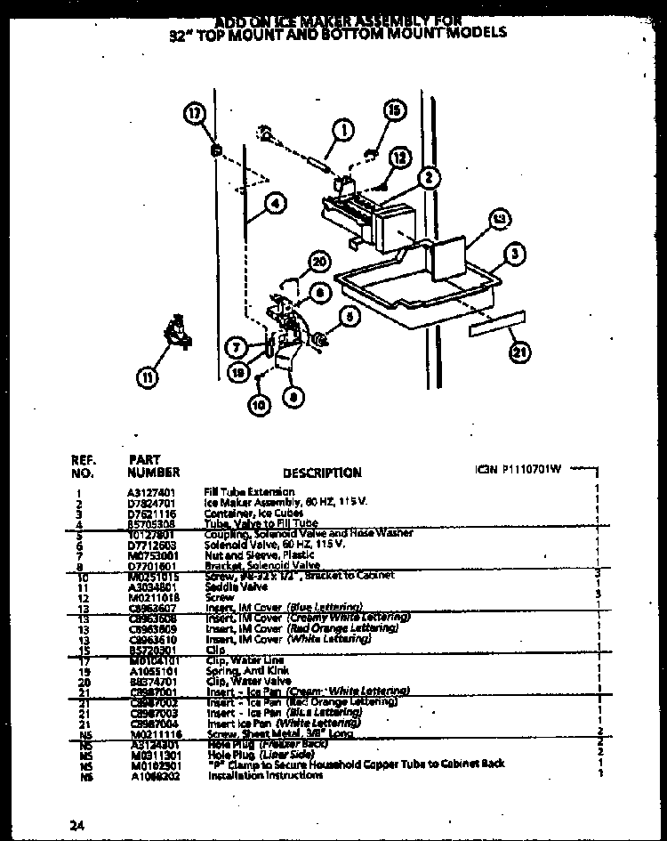 Icemaker Diagram and Parts List for TC18QL-P1111408WL  Amana Refrigerator
