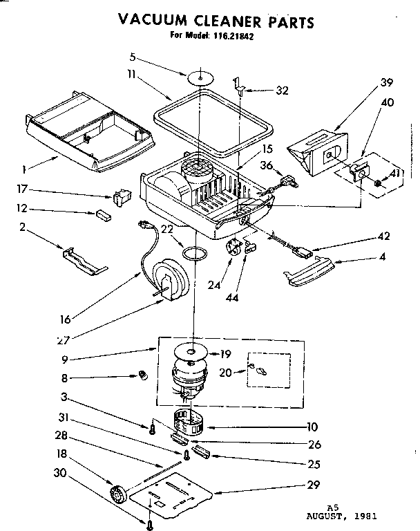 Base Assembly Diagram and Parts List for 11621842  Kenmore Canister Vacuum