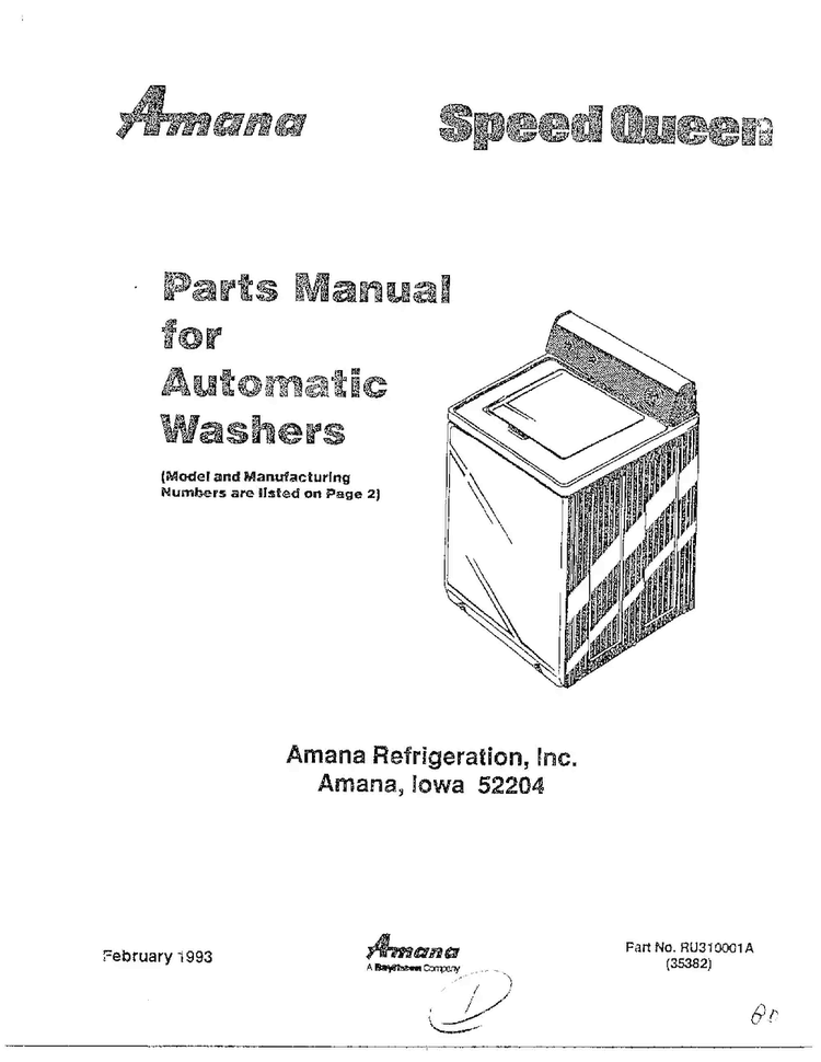 Front Page Diagram and Parts List for 6497-LW-9203  Amana Washer