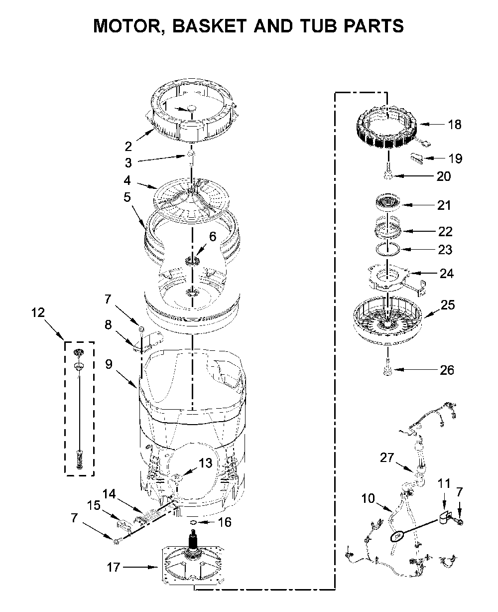 Motor, basket and tub parts Diagram and Parts List for 7MMVWB855EC3  Maytag Washer