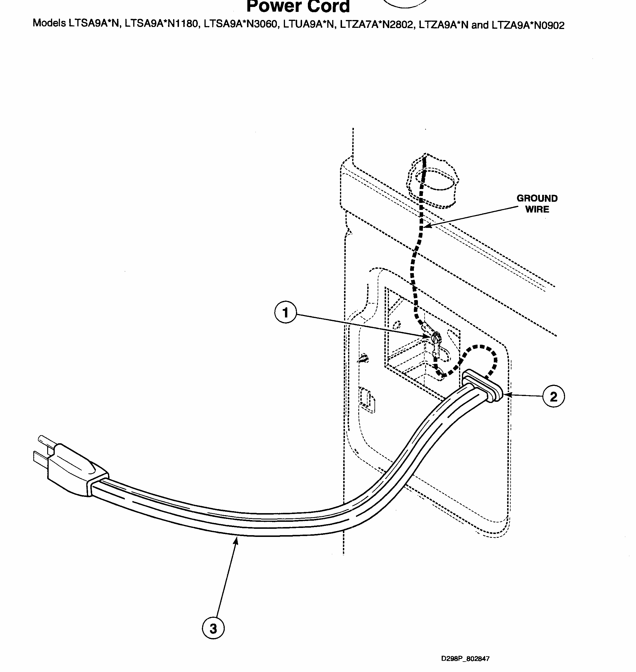 Power Cord Diagram and Parts List for LTZA9AWN0902  Speed Queen Washer Dryer Combo