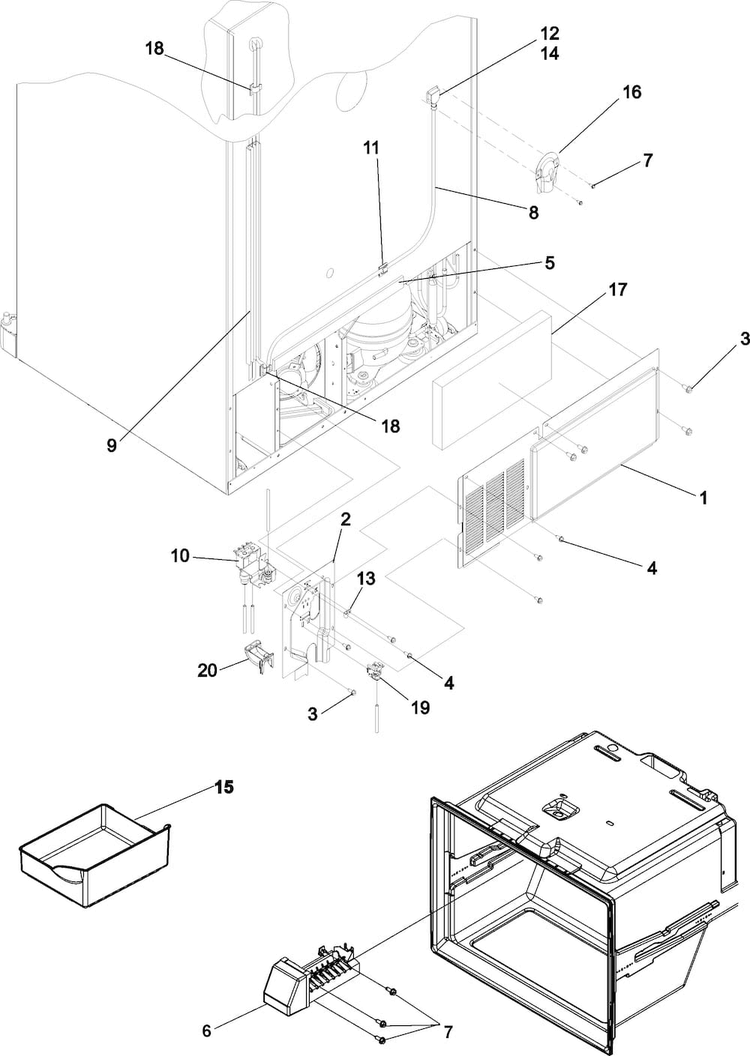 Cabinet Back Diagram and Parts List for ABD2533DEB2  Amana Refrigerator