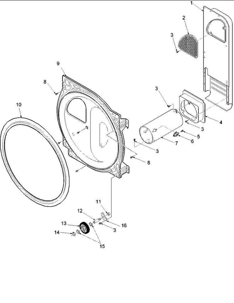 Rear Bulkhead, Rollers & Air Duct Assy Diagram and Parts List for SLG332RAW-PSLG332R  Speed Queen Dryer