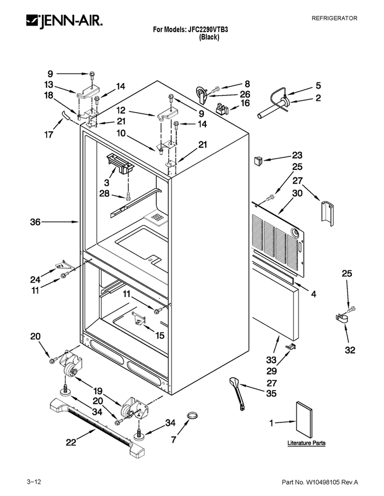 Cabinet Parts Diagram and Parts List for JFC2290VTB3  Jenn-Air Refrigerator